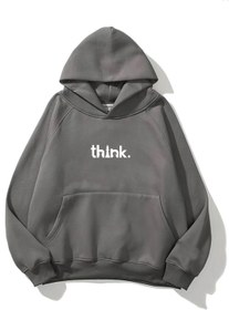Resim Kapüşonlu İçi Polar Satranç Think Baskılı Füme Unisex Oversize Hoodie Sweatshirt - FÜME / XL 