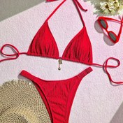 Resim Tek Renkli Seksi 2 Parça Bikini Takımı, Üçgen Askılı Yüksek Kesim Mayo, Kadın Mayo ve Giyim 