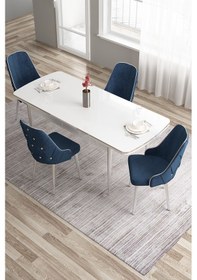 Resim Canisa Tia Serisi 80x132 Açılabilir Mdf Krom Detay Beyaz Yemek Masası Ve 4 Lacivert Sandalye Masa Beyaz Sandalye Lacivert 