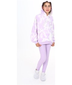 Resim Toontoy Kids Toontoy Kız Çocuk 2'li Takım Baskılı Kapüşonlu Düşük Omuz Cepli Sweatshirt & Basic Düz Tayt Açık Lila 