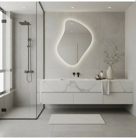 Resim 80x102 Cm Asimetrik Led Banyo Aynası Dokunmatik, Dim Edilebilir, 6500k Beyaz Işık Modern Duvar Aynası Beyaz 