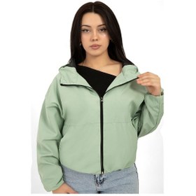 Resim Kadın Su Yeşili Kapüşonlu Su Ve Rüzgar Geçirmez Cepli İçi Astarlı Oversize Yağmurluk Su Yeşili 