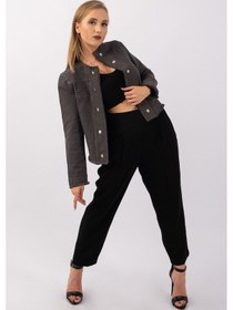 Resim Bold & Young Kadın Yağ Yeşili Power Strech Çıt Çıtlı Slim Fit Denim Ceket Antrasit 
