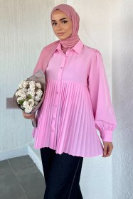 Resim Gülseli Tesettür Piliseli Gömlek Pembe TZL-P-00021787 
