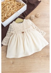 Resim Dantel Detaylı Dokuma Kumaş Krem Kız Bebek Elbise Krem 