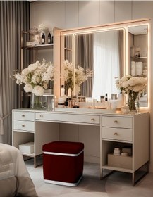 Resim Zengo Silver Twin Line Kare Puf -bordo Kumaş, Dekoratif Makyaj Masası Pufu-modern Style 