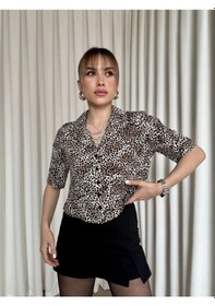 Resim Leopar Desenli Crop Gömlek Kahve 