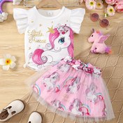 Resim 3 Parça Kız Çocukları için Unicorn Prenses Kıyafet Seti - Fırfırlı Kollu Yuvarlak Yaka Tişört & Gökkuşağı & Yıldız Baskılı File Etek + Süs Kemer - Polyester Karışımı, Makinede Yıkanabilir - Yaz için İdeal, Kızlar için Unicorn Eşyaları, Dış Mekanlar için Mükemmel 