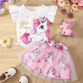 Resim 3 Parça Kız Çocukları için Unicorn Prenses Kıyafet Seti - Fırfırlı Kollu Yuvarlak Yaka Tişört & Gökkuşağı & Yıldız Baskılı File Etek + Süs Kemer - Polyester Karışımı, Makinede Yıkanabilir - Yaz için İdeal, Kızlar için Unicorn Eşyaları, Dış Mekanlar için Mükemmel 