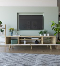 Resim Roma Ahşap Ayaklı Tv Ünitesi Tv Sehpası Safir Meşe - Beyaz 