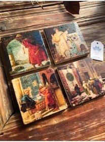 Resim Oscar Stone Decor Taş Bardak Altlığı Stone Coasters - 4 Lü Set(10 Cmx10 Cm) Kaplumbağa Terbiyecisi Ba502 