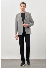 Resim İmza Gri Kendinden Çizgili Desen Flannel Mono Yaka 2 Düğme Esnek 6 Drop Slim Fit Casual Ceket 1002245167 100 Gri 