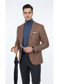 Resim Plus Scorpion Ekoseli Slim Fit Erkek Blazer Ceket Şık Modern Tasarım, Tek Düğmeli Kiremit 