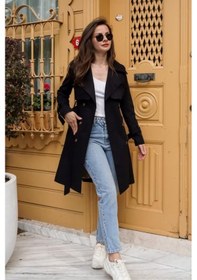 Resim Pastelastore %100 Pamuk Gabardin Midi 95cm Astarlı Kemerli Kadın Trençkot 1113 Siyah 