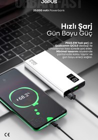 Resim Jopus 20000mAh PowerBank PD 22.5W Hızlı Şarj - Dijital Ekranlı - Taşınabilir Şarj Cihazı - Beyaz JP-P12 