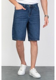 Resim HLT Jeans Erkek Koyu Mavi Baggy Fit Rahat Kesim %100 Pamuk Denim Loose Jeans Kot Şort Arthur-Kymavi 001 
