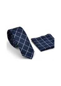 Resim Gaffy Mavi Kare ve Kırcıllı Desenli Lacivert Dokuma Kumaş Mendilli Slim Fit Kravat // Sdk230912 Lacivert - Mavi 