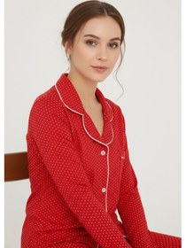 Resim Luxury Viscose Kırmızı Puantiye Desenli Kadın Uzun Kollu Pijama Takımı 42563 Kırmızı 