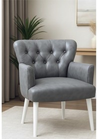 Resim Waterybrook Tekli Berjer Koltuk - Kapitoneli Suni Deri - Beyaz Ahşap Ayaklı - Modern Tasarım Gri 