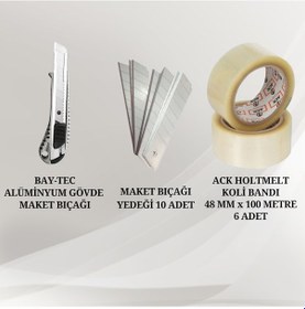 Resim Alümniyum Metal Maket Bıçağı + 10 Adet Yedek ve Ack Holtmelt Koli Bandı 6 Adet Seti 