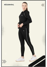 Resim Kadın Eşofman Takım Siyah Üst Tunik & Siyah Regular Fit Lycralı Tayt Dalgıç Kumaş Aktif Spor 3060 Siyah Beyaz Şeritli 