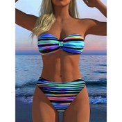 Resim Şık Kadın Bikini Seti, Renkli Çizgili Baskı, Rahat Yüksek Esneklikli Kumaş, Yaz Plaj Tatilleri İçin Mükemmel 