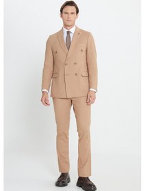 Resim Ac&Co / Altınyıldız Classics Erkek Cml Slim Fit Dar Kesim Kırlangıç Yaka Beli Bağlamalı Çizgili Esnek Kruvaze Takım Elbise Cml Camel 