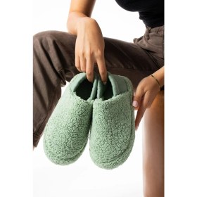 Resim Moda Devrin Yeşil Lastikli Havlu Kumaş Kadın Ev Ayakkabısı Panduf Yumuşak Dokulu Konforlu Tasarım 
