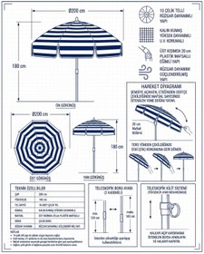 Resim Durul Plaj Şemsiyesi Balkon Bahçe Güneş Şemsiyesi 200cm 10 Telli UV Korumalı - Kırmızı Çizgili 