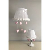 Resim Woodhub Bebek Çocuk Odası Avize Abajur Beyaz Çiçek Kalp Açık Pembe 