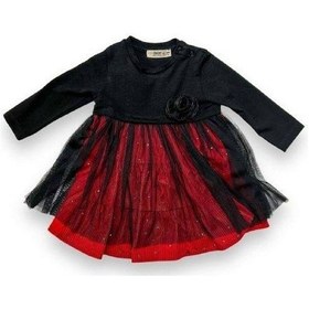 Resim Kız Bebek Gül Detaylı Kadife Taşlı Elbise-14901 Siyah 