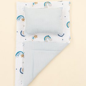 Resim Alt Açma Matı ve Yastık - Çift Taraflı - Bebe Mavisi Muslin - Mavi Gökkuşağı 
