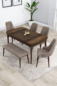 Resim Canisa Kar Serisi, 80x132 Açılabilir Mdf Masa Takımı, Barok Ahşap Desen Masa 4 Cappucino Sandalye 1 Bench 