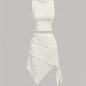 Resim Tek Renk Baskılı Düzensiz Kesim Kadın Slim Fit Yuvarlak Yaka Kolsuz Üst ve Etek Şık Moda Seti 