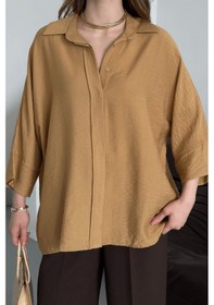 Resim Paw Garage Kadın Evelyn Vizon Oversize Gömlek, Keten Ayrobin Ön Patlı Gömlek Vizon 