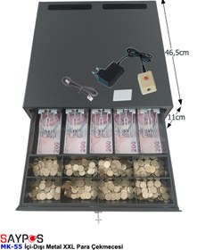 Resim SAYPOS Açma Butonlu İçi-Dışı Full Metal Ağır Yük Para Çekmecesi 5 Geniş Banknotlu Ekstra Büyük 46x46,5x11cm 
