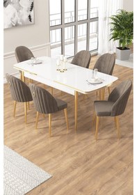 Resim Canisa Edaf Serisi 80x132 Açılabilir Beyaz Mutfak Masa Takımı 6 Cappucino Sandalye Gold Detay Masa Beyaz Sandalye Antrasit Ayak Gold 