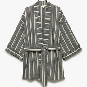 Resim Koton Pamuklu Rahat Kalıp Kemerli 3/4 Geniş Kol Uzun Kimono Lacivert Çizgili 5sak50014ew 7s2 