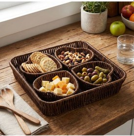 Resim Buffer 5 Parça,4 Kalp Formlu Plastik Rattan Sunum Ve Kahvaltı Seti-bölmeli Çerezlik Ve Meyvelik-doğal Hasır Görünümlü T Kahverengi 