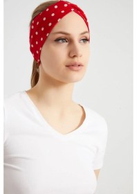 Resim Kadın Çapraz Bağlamalı Pamuklu Penye, Kaymaz, Yumuşak, Esnek, Saç Bandı Bandana - Tek Ebat / Kırmızı Üzerine Beyaz Puantiyeli Kırmızı Üzerine Beyaz Puantiyeli 