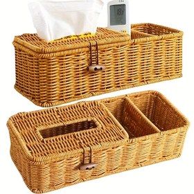 Resim İmitan Rattan Depolama Kutusu - Flip-Top Kapaklı Dayanıklı Plastik Masaüstü Düzenleyici, Ofis Malzemeleri İçin Çok Bölümlü Tasarım, Masa Aksesuarları | İmitan Rattan Tasarımı | Örme Desen, Ofis Malzemeleri ve Aksesuarlar 