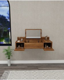 Resim Zakkum Raflı Duvara Monte Aynalı Makyaj Masası Tuvalet Masası, Ceviz Ceviz 