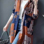 Resim Kadınlar İçin Büyük Beden Günlük Rayon Geometrik Baskılı Gömlek - Uzun Kollu, Düğmeli, Yaka Çevirme, Canlı Turuncu, Mavi, Kahverengi ve Bej Yama Tasarım, Makinede Yıkanabilir, İlkbahar/Yaz/Sonbahar Giyim 