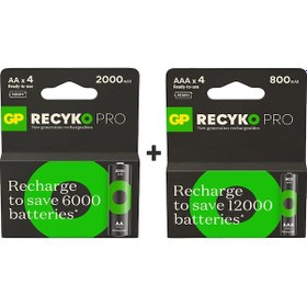 Resim GP ReCyko Pro 2000 mAh AA Ni-MH Şarj Edilebilir Pil 4'lü + 800 mAh AAA Ni-MH Şarj Edilebilir Pil 4'lü 