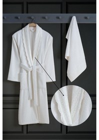 Resim Ruya Güpürlü Pamuklu 2 Parça Havlulu Bornoz Seti Krem 