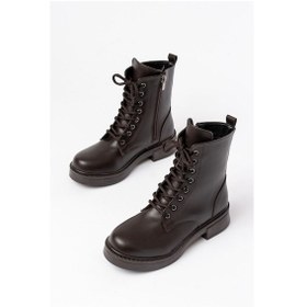 Resim 02-356 Kahve Düz Topuklu Bağcıklı Fermuarlı Günlük Kadın Bot Acı Kahverengi 