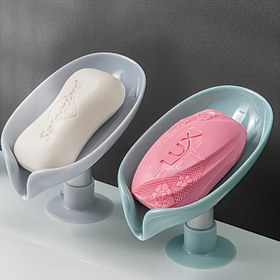 Resim Banyo dekorasyonu ve sabun kuruluğu için hafif mavi ve beyaz tasarım, dayanıklı plastik, kolay kurulum, güçlü yapışkanlı tutma kolu, sabunluk tutucu, modern banyo aksesuarı, verimli su drenajı ile şık yaprak şekilli sabun tutucu 