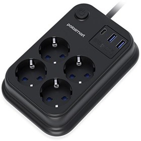 Resim Polosmart MP22 Akım Korumalı 4 Priz 2 USB 1 Type-C Çıkışlı 2 Metre Siyah Uzatma Kablosu 