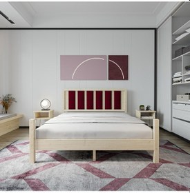 Resim Orion Model Bordo Renk Puflu Başlıklı Doğal Çam Ahşap Karyola Ve İki Komodin Set-231 180 x 200 CM 