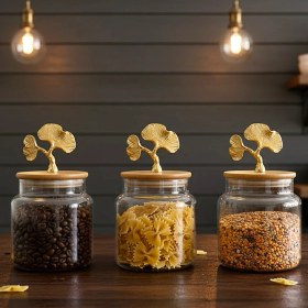 Resim Altın Ginkgo Figürlü 3 Lü Cam Kavanoz Seti Bambu Kapaklı 635 Cc Saklama Kabı Şeffaf 